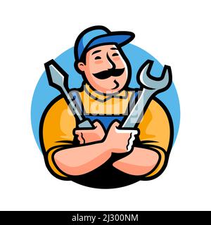 Logo de l'atelier. Mécanicien d'emblème avec outils de construction pour la réparation automatique. Illustration vectorielle de personnage de dessin animé Illustration de Vecteur