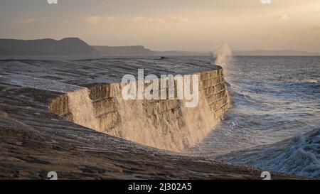 Vagues créées par Storm Barra s'écrasant contre la Cobb à Lyme Regis à Dorset, Angleterre, Royaume-Uni, juste après le lever du soleil le lendemain de la tempête principale Banque D'Images