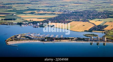 Vue de dessus de Burger Südstrand, Fehmarn, mer Baltique, vue aérienne, Ostholstein, Schleswig-Holstein, Allemagne Banque D'Images