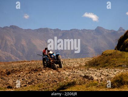 Labourage des champs au pied de la Cordillère Blanca avec la Cordillère Negra se levant au loin, Ancash, Pérou Banque D'Images