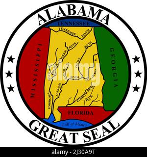 Vue de dessus de Great Seal of US Federal State of Alabama. Etats-Unis d'Amérique patriote et Voyage concept. Plan, conception Banque D'Images