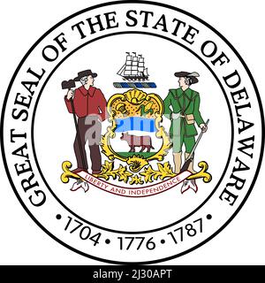 Vue de dessus du Grand Sceau de l'État fédéral américain du Delaware. Etats-Unis d'Amérique patriote et Voyage concept. Plan, conception Banque D'Images