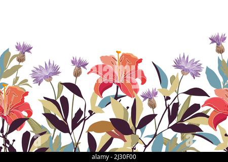 Motif fleuri vectoriel sans couture, bordure. Illustration panoramique horizontale avec des nénuphars rouges et violets et des fleurs de maïs. Illustration de Vecteur