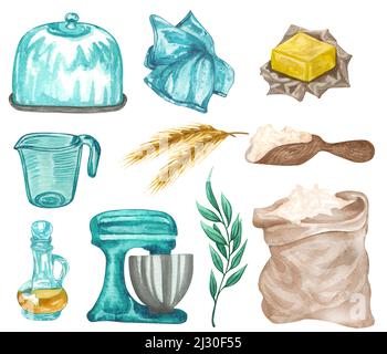 Set d'aquarelle de cuisson avec ustensiles de cuisine, blé, beurre, extrait de vanille, batteur, sac de farine, serviette de cuisine, support à gâteau sur fond blanc. Main Banque D'Images