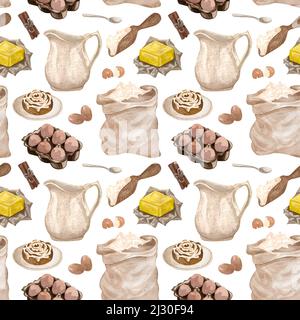 motif aquarelle de cuisson sans couture avec ustensiles de cuisine sur fond blanc. Illustration dessinée à la main Banque D'Images
