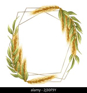Cadre doré avec arrangement floral de blé sur fond blanc. Logo Baking Banque D'Images