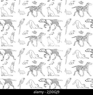 Motif vectoriel sans couture du contour tracé à la main esquisser différents animaux isolés sur fond blanc Illustration de Vecteur