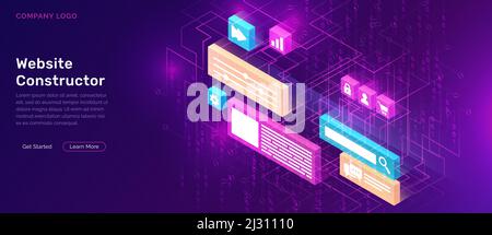 Constructeur de site Web illustration du vecteur de concept isométrique. Modèle de page d'accueil de logiciel pour créer personnaliser la conception de site Web, interface avec 3D ico Illustration de Vecteur