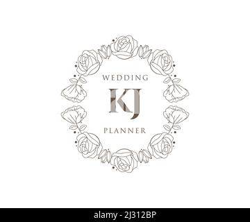 KJ initiales lettre mariage monogramme logos collection, dessin à la main moderne minimaliste et modèles floraux pour cartes d'invitation, Save the Date, élégant Illustration de Vecteur