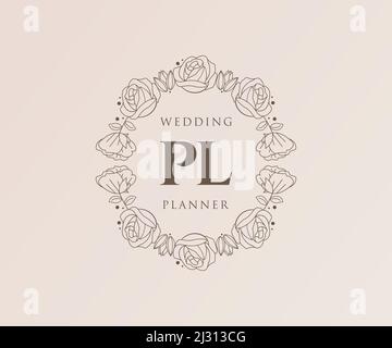 PL lettre initiale mariage monogramme collection de logos, dessin à la main moderne minimaliste et modèles floraux pour cartes d'invitation, Save the Date, élégant Illustration de Vecteur