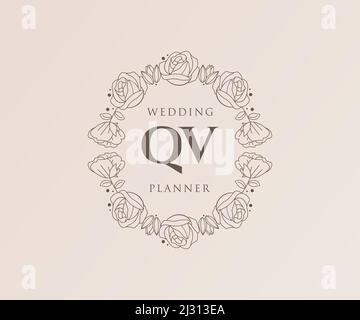 Lettre initiale de QV mariage monogramme logos collection, dessin à la main moderne minimaliste et modèles floraux pour cartes d'invitation, Save the Date, élégant Illustration de Vecteur