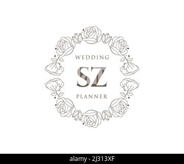 SZ lettre initiale mariage monogramme logos collection, dessin à la main moderne minimaliste et modèles floraux pour cartes d'invitation, Save the Date, élégant Illustration de Vecteur