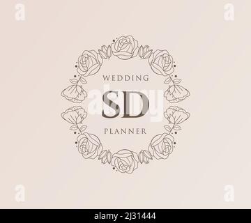 SD initiales lettre mariage monogramme collection de logos, dessin à la main moderne minimaliste et modèles floraux pour cartes d'invitation, Save the Date, élégant Illustration de Vecteur