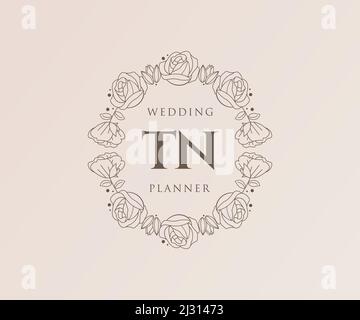 TN initiales lettre mariage monogramme collection logos, dessin à la main moderne minimaliste et modèles floraux pour cartes d'invitation, Save the Date, élégant Illustration de Vecteur