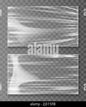 Bannière cellophane étirée, illustration réaliste de vecteur de texture froissé ou plié. Partie supérieure transparente en polyéthylène transparent du conteneur en plastique, ruban adhésif o Illustration de Vecteur