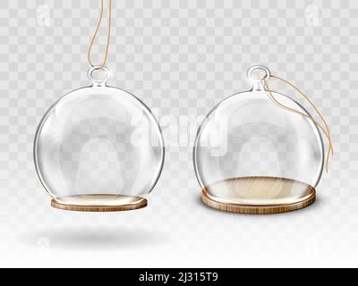 Boules de noël en verre, dôme suspendu et plateau en bois vecteur réaliste. Boules rondes transparentes en verre avec espace vide pour la décoration arbre de Noël, est Illustration de Vecteur