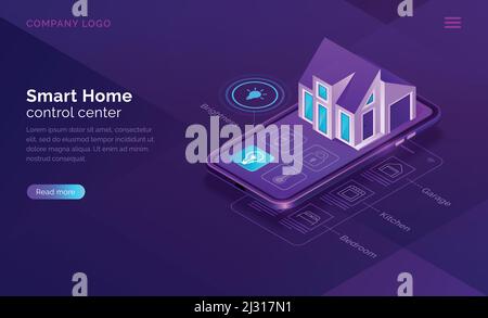 Smart home Isométrique, illustration vectorielle de concept Internet des objets. Centre de contrôle pour la surveillance, la surveillance à domicile, l'écran de téléphone mobile avec maison Illustration de Vecteur