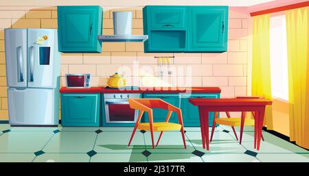 Intérieur de cuisine avec mobilier dessin animé illustration vectorielle. Maison cuisine avec table à manger en bois, armoires de cuisine bleues, réfrigérateur avec aimant et Illustration de Vecteur