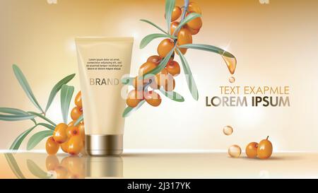 Affiche de maquillage de l'argousier réaliste de cosmétiques. Conditionnement élégant, tube avec main cosmétique, crème pour le visage, branche avec du juteux seaberry orange, olive Illustration de Vecteur