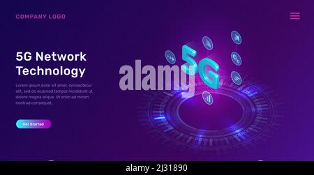 Technologie réseau 5G, illustration du vecteur de concept isométrique. Symbole 5G Internet sans fil et icônes d'interface isolées sur fond ultraviolet avec Illustration de Vecteur