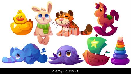 Jouets pour enfants, bateau en bois, animaux en peluche, canard en plastique et pyramide. Ensemble de dessins animés vectoriels de tigre doux mignon, éléphant, pieuvre, lapin, cheval de bois et bateau pour le jeu de bébé Illustration de Vecteur