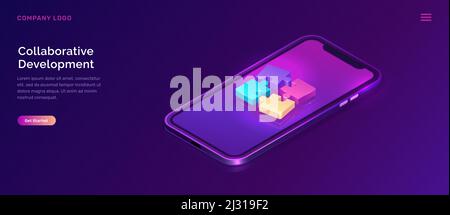 Développement collaboratif, vecteur de concept métier isométrique. Écran de téléphone mobile avec éléments de casse-tête de couleur ou icônes sur fond ultraviolet. Équipe Illustration de Vecteur