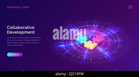 Développement collaboratif, vecteur de concept métier isométrique. Éléments de casse-tête de couleur ou icônes sur fond ultraviolet avec anneau néon bleu brillant. Te Illustration de Vecteur