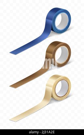 Ruban adhésif transparent, bleu et marron pour rouleau de conduit illustration réaliste de vecteur isolée sur fond transparent. Fournitures de bureau et de ménage, c Illustration de Vecteur