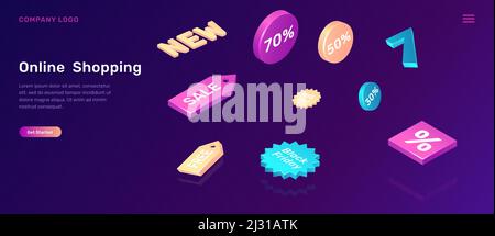 Achat en ligne, illustration vectorielle de concept isométrique. 3D vente et rabais promo icônes sur fond ultraviolet, page d'arrivée de l'agence de publicité Illustration de Vecteur