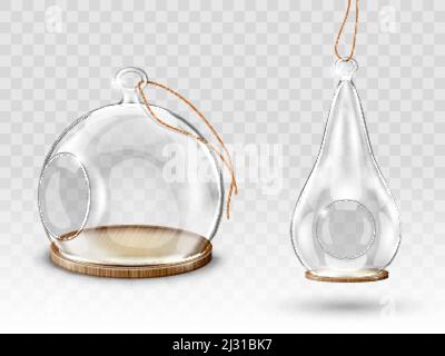 Boules de noël en verre, dôme suspendu avec trou, porte-bougie ou terrarium de fleurs vecteur réaliste. Figurines transparentes en verre avec espace vide pour la décoration Illustration de Vecteur