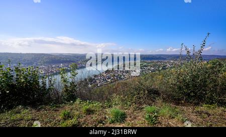 Vue de Erpeler Ley à Erpel am Rhein, Rhénanie-Palatinat, Allemagne Banque D'Images