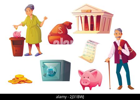 Fonds de pension, économie d'argent caricatures icônes illustration vectorielle. Personnages seniors avec leurs économies, icône de banque de porc rose, bâtiment de banque, dépôt de coffre, Illustration de Vecteur