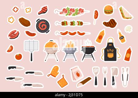 Ensemble d'autocollants pour barbecue pour chat sur les médias sociaux ou illustration vectorielle isolée par sms. Saucisses de porc et de vache de dessin animé, menu de kebab à manger sur la partie de pique-nique, outils de cuisine. Fastfood concept Illustration de Vecteur