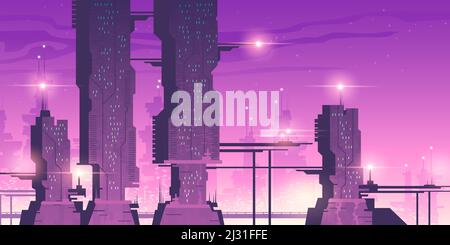 Ville future, ville nocturne avec gratte-ciel et lumières. Dessin animé vectoriel rose fluo et violet, illustration du paysage urbain avec des bâtiments futuristes. Cyberpu Illustration de Vecteur