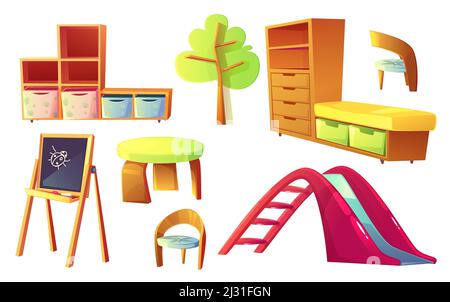 Mobilier de jardin d'enfants, ensemble d'illustrations vectorielles de dessins animés. Meubles en bois pour les enfants, salle de jeux ou de classe, bureau, chaises, étagères vides et cabine Illustration de Vecteur