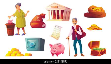 Fonds de pension, économie d'argent caricatures icônes illustration vectorielle. Personnages seniors avec leurs économies, icône de banque de porc rose, bâtiment de banque, dépôt de coffre, Illustration de Vecteur