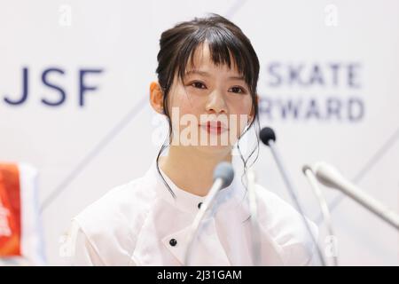 Tokyo, Japon. 5th avril 2022. Patinage de vitesse Nana Takagi : patineuse de vitesse japonaise Nana Takagi assiste à une conférence de presse et annonce sa retraite à Tokyo, Japon . Credit: AFLO SPORT/Alay Live News Banque D'Images