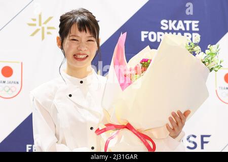 Tokyo, Japon. 5th avril 2022. Patinage de vitesse Nana Takagi : patineuse de vitesse japonaise Nana Takagi assiste à une conférence de presse et annonce sa retraite à Tokyo, Japon . Credit: AFLO SPORT/Alay Live News Banque D'Images