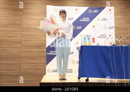 Tokyo, Japon. 5th avril 2022. Patinage de vitesse Nana Takagi : patineuse de vitesse japonaise Nana Takagi assiste à une conférence de presse et annonce sa retraite à Tokyo, Japon . Credit: AFLO SPORT/Alay Live News Banque D'Images