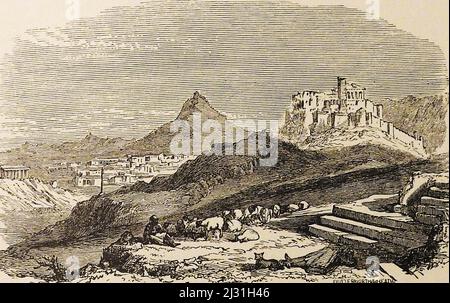 Une gravure de 19th siècles montrant une vue lointaine de l'Acropole et de l'Areopagus, Athènes, Grèce. L'Areopagus est l'avant-affleurement rocheux également connu sous le nom de colline d'Ares . ----- Μια γκραβούρα του 19ου αιώνα που δείχνει μια μακρινή άποψη της Ακρόπολης και του Αρείου Πάγου, , Άθηρες, Ελλάδα. ο Άρειος Πάγος είναι το εξέχον βράχο. Banque D'Images