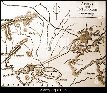 Une carte britannique du 19th siècle d'Athènes et du Pirée, Grèce, avec des distances en miles anglais Banque D'Images