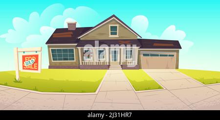 Vieille maison avec toit cassé, fenêtres à bord et panneau vendu. Maison abandonnée en ruine à vendre. Dessin animé vectoriel abandonné bâtiment en bois, oublié Illustration de Vecteur