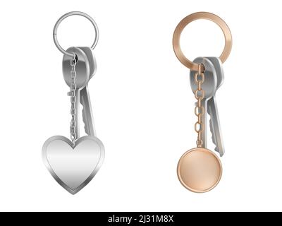 Ensemble de clés avec porte-clés sur anneau métallique isolé sur fond blanc. Maquette réaliste de formes rondes et en forme de coeur, porte-clef avec acier Illustration de Vecteur