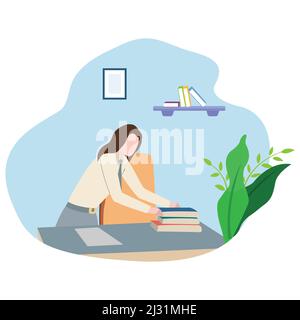 Femme assise sur le sol et faisant le nettoyage d'un espace de travail sale ou de la salle de travail à la maison, le travail de nettoyage à la maison et le concept d'organisation de l'espace, vecteur illus Illustration de Vecteur