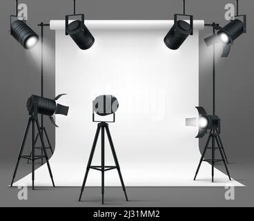 Intérieur de studio de photographie avec spots et fond en papier blanc. Maquette réaliste vectoriel d'équipement photo professionnel dans une pièce vide, lumineuse Illustration de Vecteur