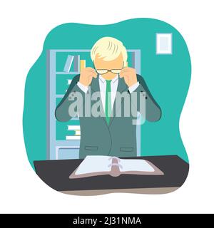 Un vieil homme se tient en profil et tient un livre entre ses mains. Grand-père en lunettes lisant un livre. Illustration vectorielle plate Illustration de Vecteur