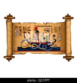 L'Égypte antique papyrus défilement vecteur de dessin animé avec hiéroglyphes et la culture égyptienne symboles religieux, Ra, le Dieu du soleil de nuit voiles en bateau sur le sous-sol Illustration de Vecteur