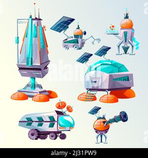 Ensemble de dessins animés vecteur de colonisation de la planète spatiale. Technologie futuriste, construction de science-fiction, exploration spatiale. Vaisseau cosmique ou navette, mars rover, diffé Illustration de Vecteur