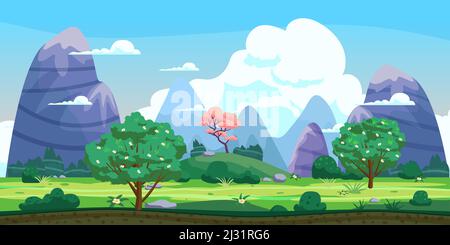 Paysage de fantaisie, collines vertes, arbres, source, montagnes, panorama. Illustration d'arrière-plan de dessin animé vectoriel Illustration de Vecteur