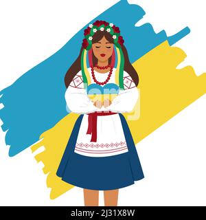 Une fille ukrainienne vêque de vêtements nationaux sur le fond du drapeau ukrainien tient un coeur jaune-bleu dans ses mains. Illustration vectorielle Illustration de Vecteur